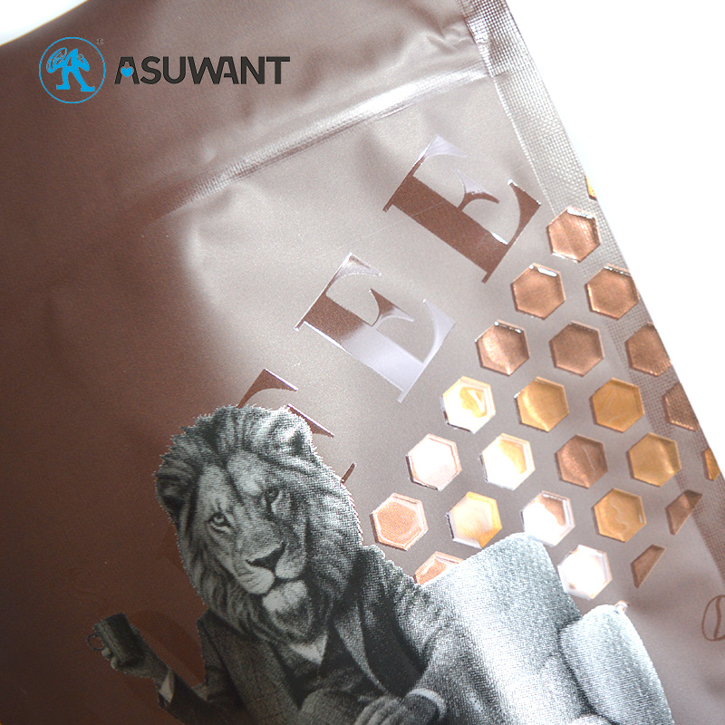 Hot Samping Digital Printing 3D Raised Embossed Spot UV Reverse Matte Texture Custom Stand Up Ziplock Coffee Bags
