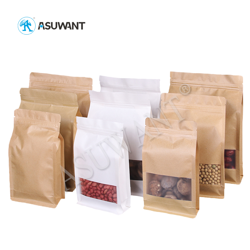 Biodegradable Eco Brown Kraft Paper Square Bottom Side Gusset Bag with Window