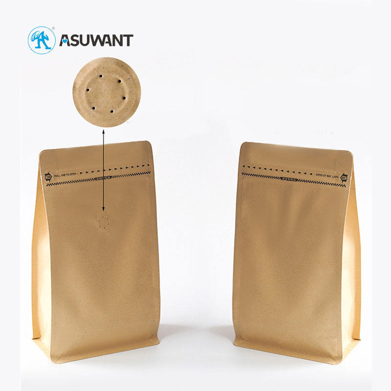 Compostable Flat Bottom White Brown Ziplock Kraft Paper Coffee Packaging Bag With Valve