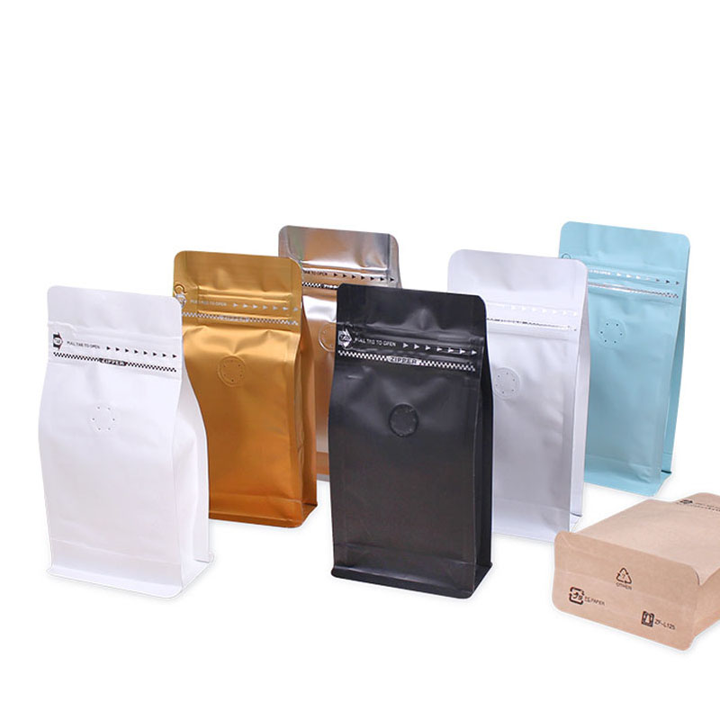 Compostable Flat Bottom White Brown Ziplock Kraft Paper Coffee Packaging Bag With Valve