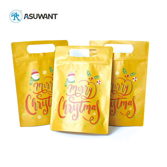 Candy Merry Christmas Stand up Pouch Snack Food Pouch Plastic Ziplock Stand up Bag with Handle Smell Proof Clear Bag