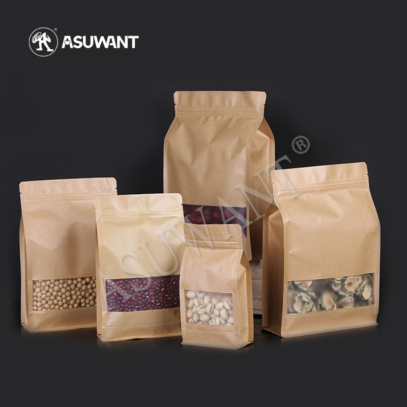 Recycled Brown Paper Kraft Bags Nuts Packaging Stand Up Pouch Zipper Bag with Window