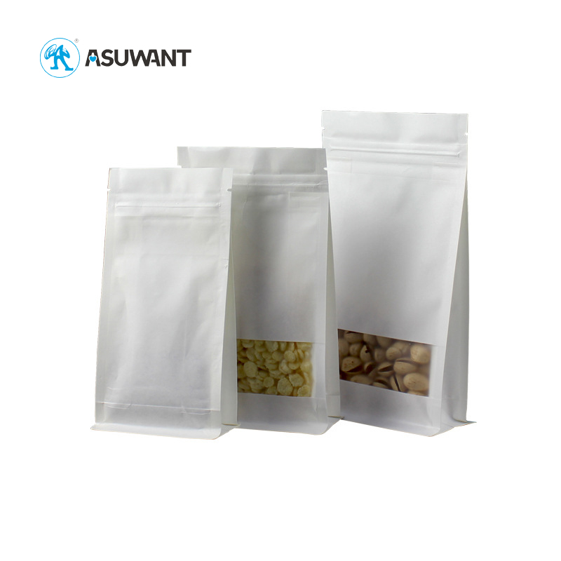 White Kraft Paper Zipper Compost Bags Biodegradable Recycled Nuts Biscuit Food Packaging 