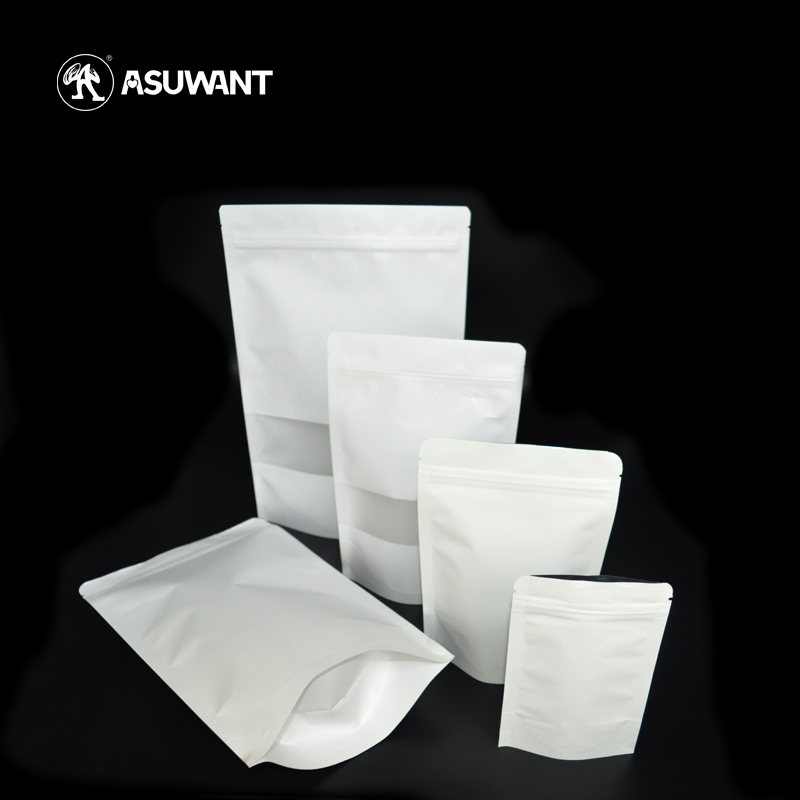 Recycle Heat Seal Snack Food Packaging White Brown Kraft Ziplock Bags With Window