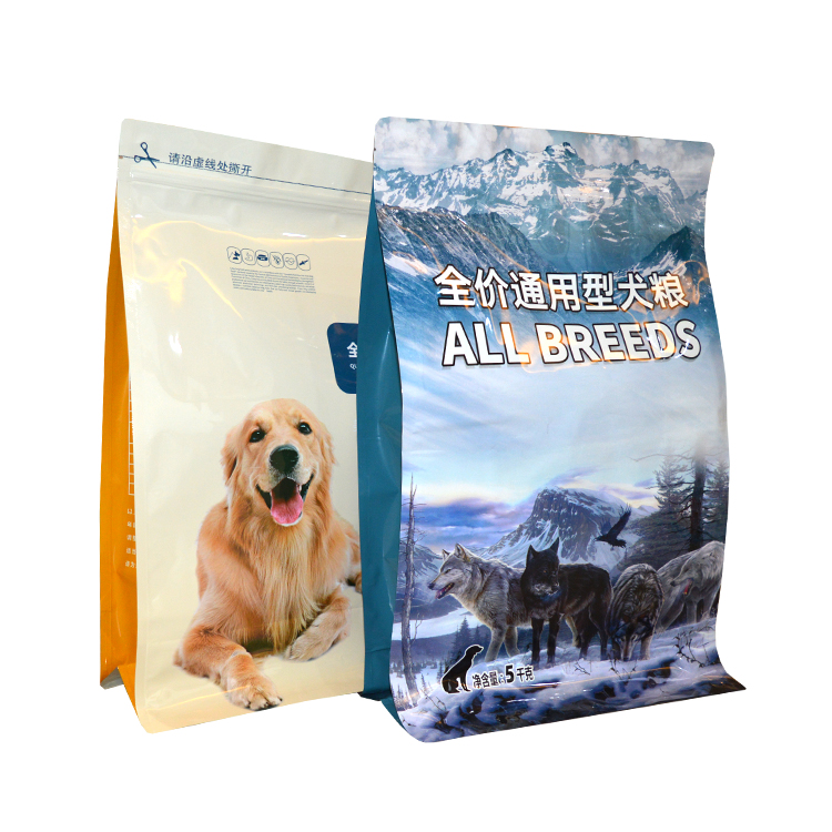 Customized Pet Blue Bag Dog Food with Zipper Eight-side Seal Flat Bottom Packaging