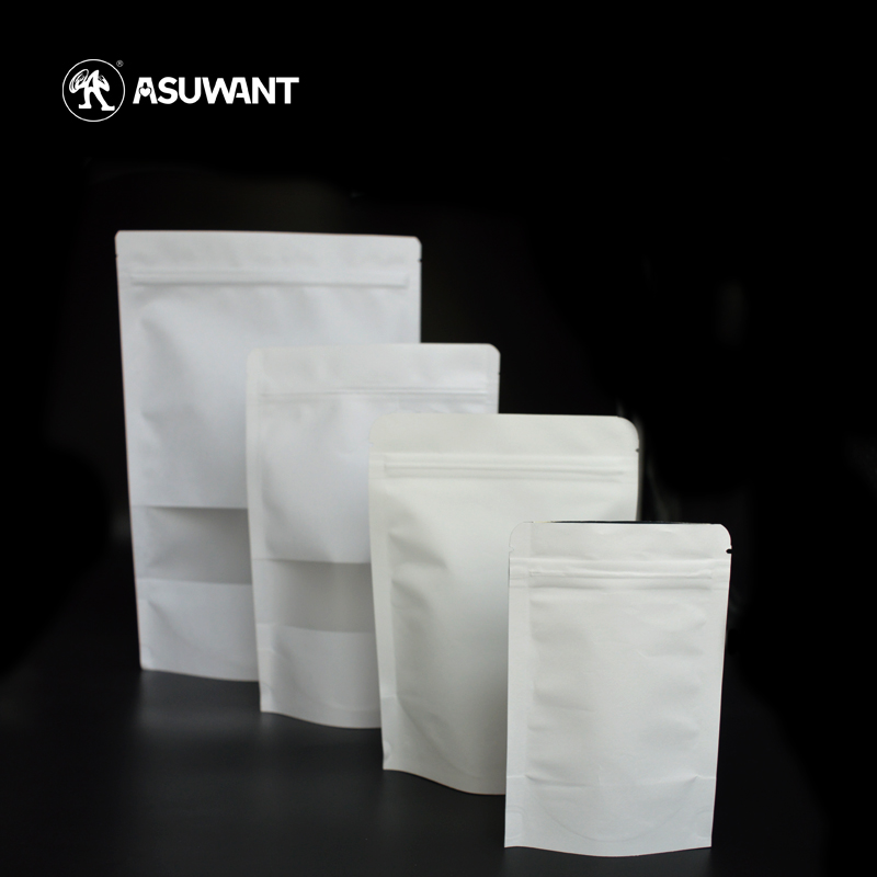 Recycled White Kraft Paper Bags Tea Food Packaging Stand Up Paper Ziplock Bag