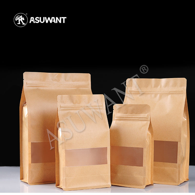 Biodegradable Eco Brown Kraft Paper Square Bottom Side Gusset Bag with Window