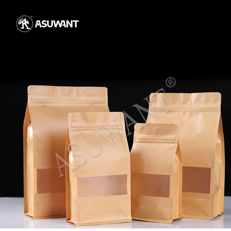 Biodegradable Eco Brown Kraft Paper Square Bottom Side Gusset Bag with Window
