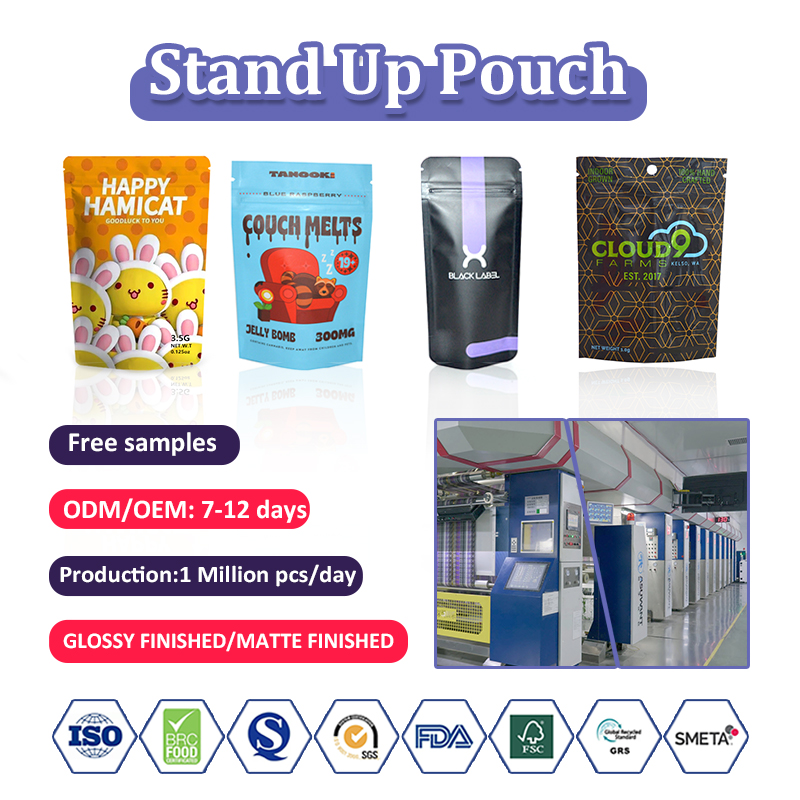 Customized Foil Mylar SmLaminated Material Stand Up Food Plastic Bag With Own Logo Printing Stand Up Zipper Pouch 