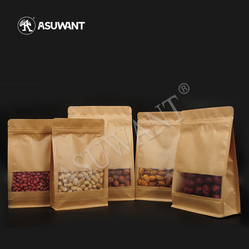 Customized Printed Ziplock Flat Bottom Kraft Paper Coffee Tea Packaging Bag With Clear Window