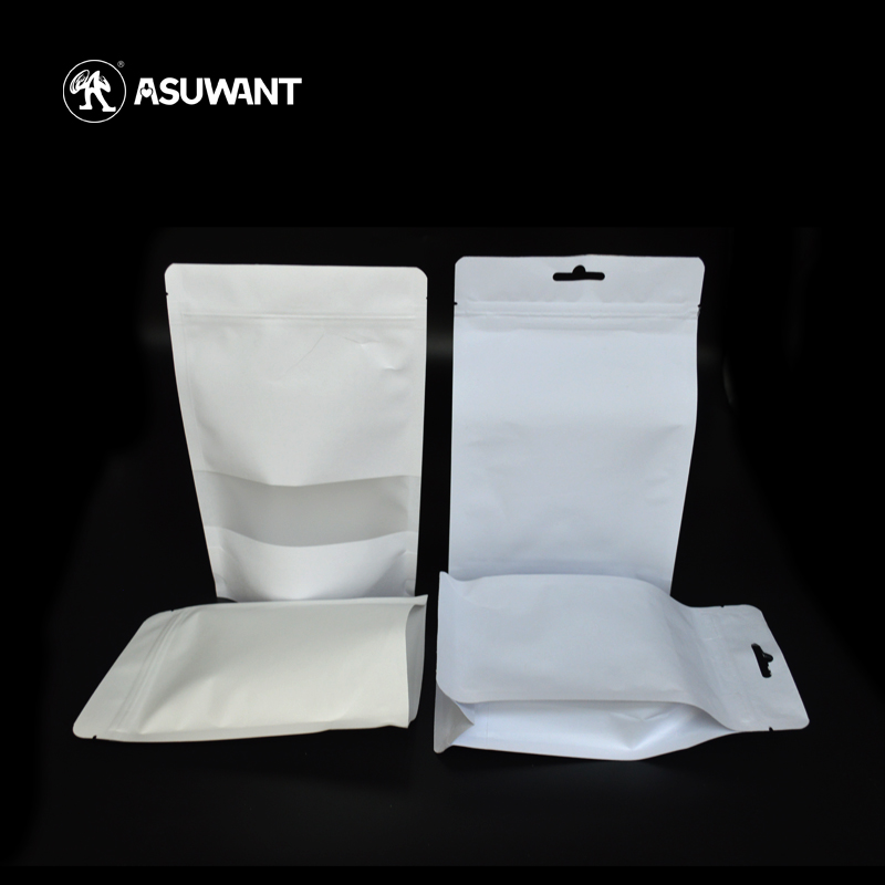 Durable Biodegradable Recycled Paper Craft White Grocery Stand Up Pouches With Zipper
