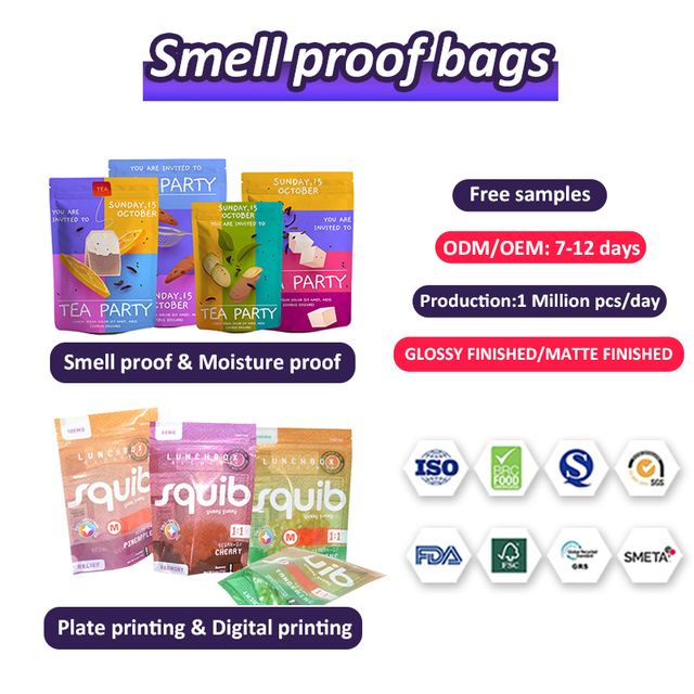 Custom Printed Mylar Smell Proof Stand Up Pouch Candy Food Packaging 3.5g Mylar Ziplock Bag With Window