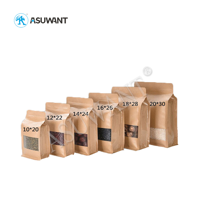 500g Flat Bottom Brown Kraft Paer Ziplcok Bag With Window For Grain Coffee Tea Food Beef Jerky