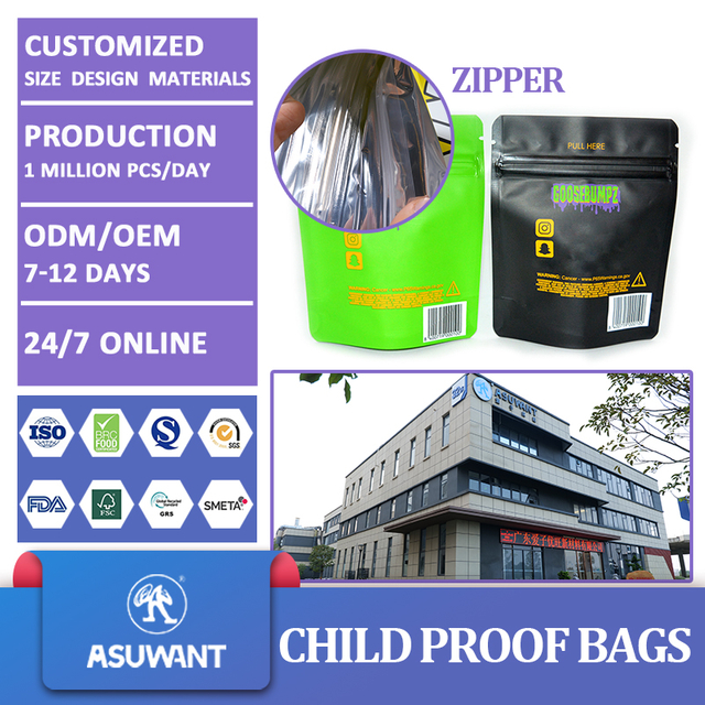 Doypack Child Resistant 3.5 Bag Custom Printed Stand Up Pouch Smell Proof Ziplock Edible Packaging Mylar Bags