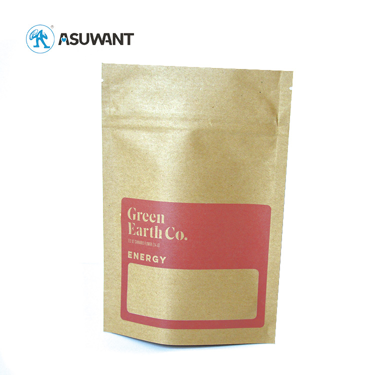 Biodegradable Recycled Customized Stand Up Pouches Dry Food Packaging Brown Kraft Paper Bags with Translucent Window