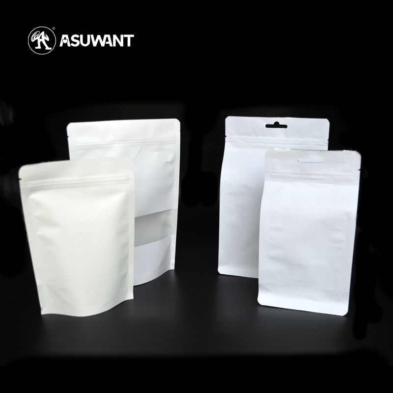 Recycled White Kraft Paper Bags Tea Food Packaging Stand Up Paper Ziplock Bag