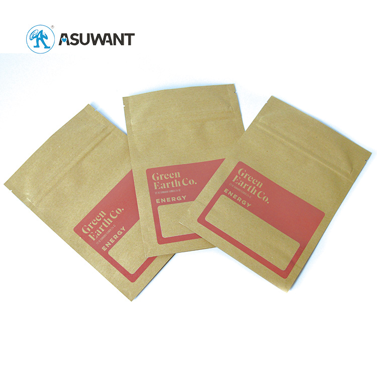 Biodegradable Recycled Customized Stand Up Pouches Dry Food Packaging Brown Kraft Paper Bags with Translucent Window