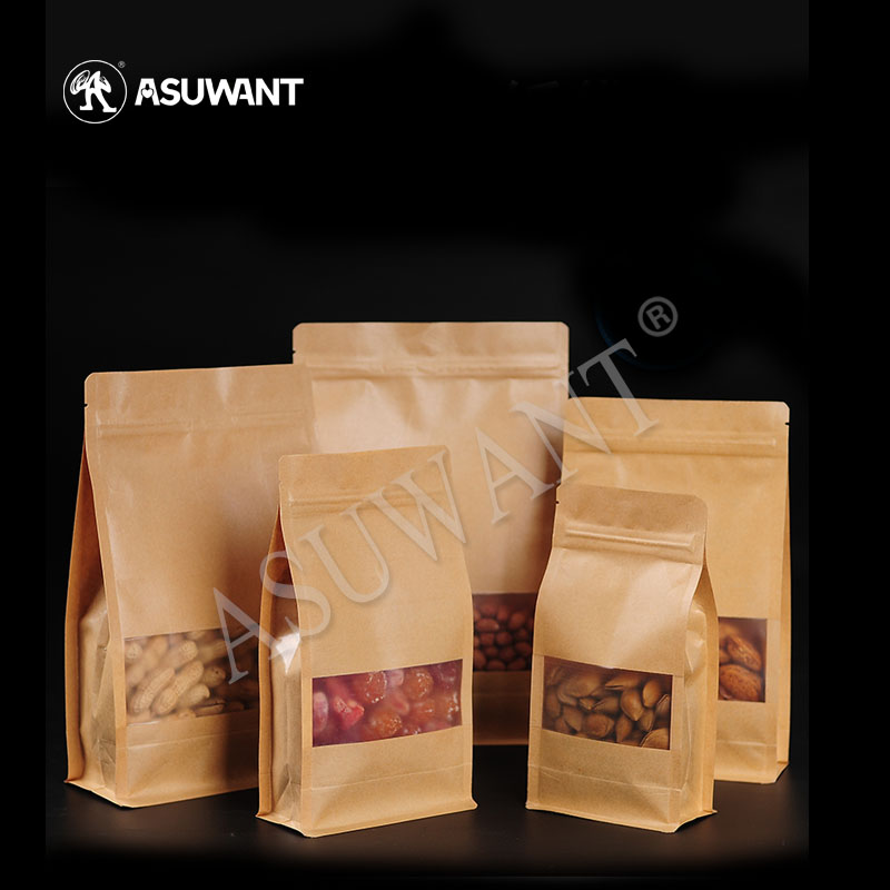 Customized Printed Ziplock Flat Bottom Kraft Paper Coffee Tea Packaging Bag With Clear Window